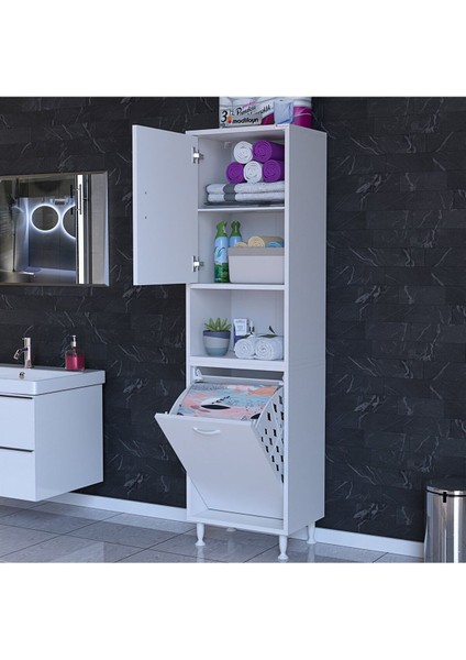 50 x 163,4 x 32,5 cm 2 Kapak 3 Bölmeli Kirli Çamaşır Dolabı Sepetli Banyo Dolabı