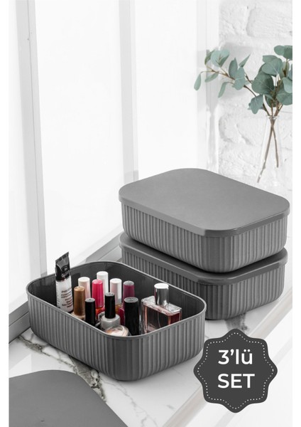 3'lü Kapaklı Saklama Kutusu, 3,2 Litre, Antrasit Renk