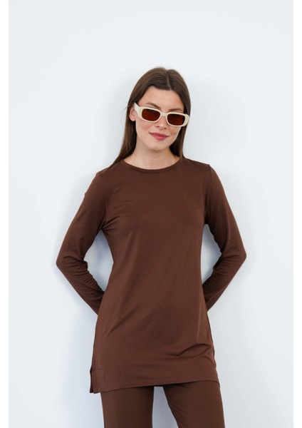 Kadın Viskon Full Likra Tunik-Kahve