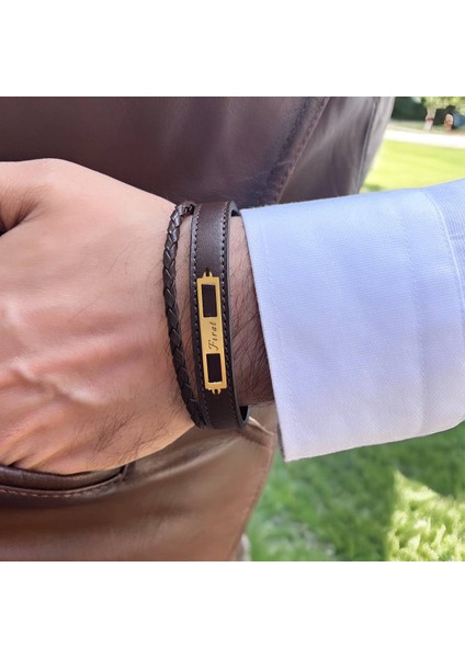 14 Ayar Plakalı Altın Fırat Yazılı Kahverengi Derili Dikdörtgen Motifli Hediye BILEKLIK-532ISIM fiyatları