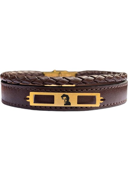 Altın Plakalı 14 Ayar Al Pacino Temalı Dikdörtgenli Kahverengi Derili Hediye BILEKLIK-532SEMBOL