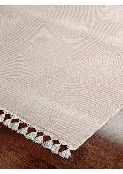 Püsküllü Lüx Kaymaz Taban Halı Modern Tasarım 10 mm Yıkanabilir Krem Renkli