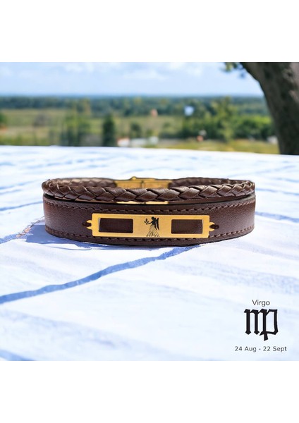 Altın Plakalı 14 Ayar Başak Burçlarına Özel Kahverengi Derili Dikdörtgenli Hediye BILEKLIK-532BURÇ