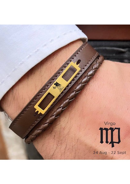 Altın Plakalı 14 Ayar Başak Burçlarına Özel Kahverengi Derili Dikdörtgenli Hediye BILEKLIK-532BURÇ fiyatları