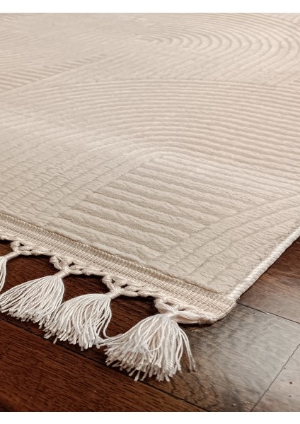 Modern Püsküllü Halı Kaymaz Taban Özelliğiyle 10 mm Yıkanabilir Krem Renk fırsatları