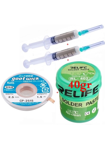 Relıfe RL-402 Krem Lehim Solder Paste 183°C 40G Flux Lehim Toplama CP-2515 Lehim Emme Teli 2,5 mm 4lü Set