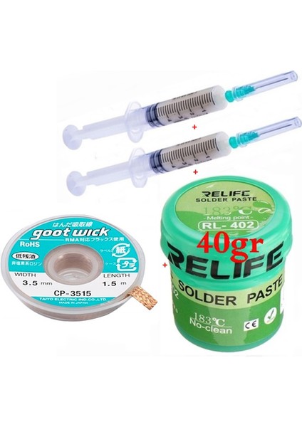 Relıfe RL-402 Krem Lehim Solder Paste 183°C 40G Flux Lehim Toplama CP-3515 Lehim Emme Teli 3,5 mm 4lü Set