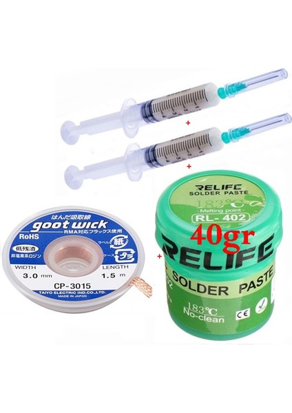 Relıfe RL-402 Krem Lehim Solder Paste 183°C 40G Flux Lehim Toplama CP-3015 Lehim Emme Teli 3,0 mm 4lü Set