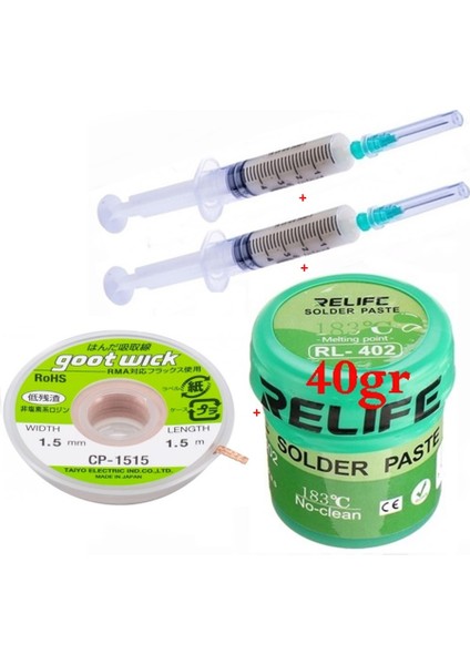 Relıfe RL-402 Krem Lehim Solder Paste 183°C 40G Flux Lehim Toplama CP-1515 Lehim Emme Teli 1,5 mm 4lü Set