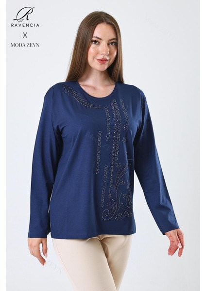 Kadın Orta Yaş ve Üzeri Viskon Halka Şerit Desen Taşlı Işlemeli Likralı Indigo Anne Penye Bluz