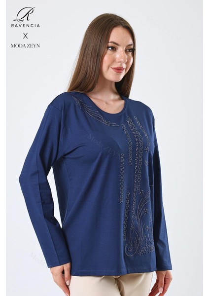 Kadın Orta Yaş ve Üzeri Viskon Halka Şerit Desen Taşlı Işlemeli Likralı Indigo Anne Penye Bluz fiyatları