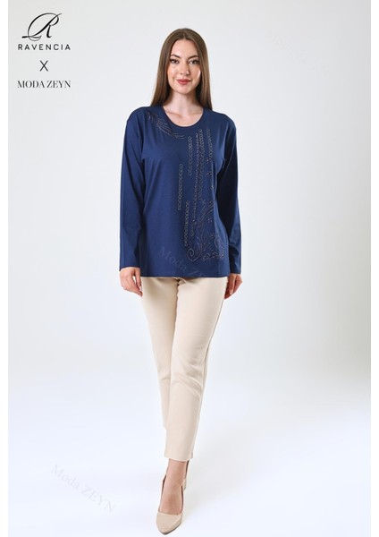 Kadın Orta Yaş ve Üzeri Viskon Halka Şerit Desen Taşlı Işlemeli Likralı Indigo Anne Penye Bluz modelleri