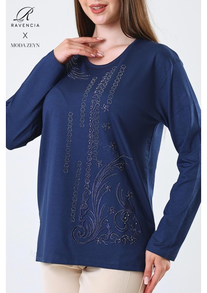 Kadın Orta Yaş ve Üzeri Viskon Halka Şerit Desen Taşlı Işlemeli Likralı Indigo Anne Penye Bluz fırsatları