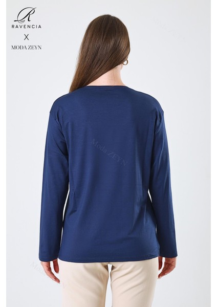 Kadın Orta Yaş ve Üzeri Viskon Halka Şerit Desen Taşlı Işlemeli Likralı Indigo Anne Penye Bluz indirimleri