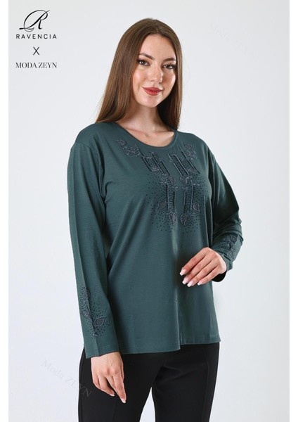 Kadın Orta Yaş ve Üzeri Viskon Damla Yaprak Desen Taşlı Işlemeli Likralı Zümrüt Anne Penye Bluz