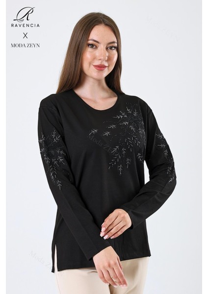 Kadın Orta Yaş ve Üzeri Viskon Çiçek Desen Taşlı Işlemeli Likralı Siyah Anne Penye Bluz