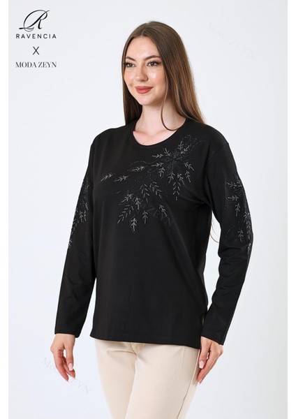 Kadın Orta Yaş ve Üzeri Viskon Çiçek Desen Taşlı Işlemeli Likralı Siyah Anne Penye Bluz fiyatları