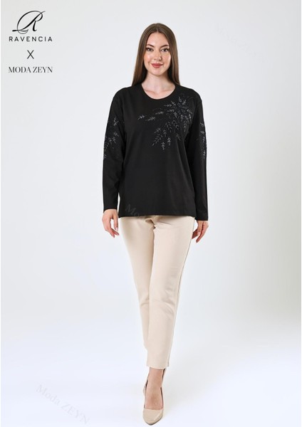 Kadın Orta Yaş ve Üzeri Viskon Çiçek Desen Taşlı Işlemeli Likralı Siyah Anne Penye Bluz modelleri