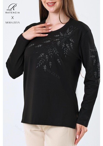Kadın Orta Yaş ve Üzeri Viskon Çiçek Desen Taşlı Işlemeli Likralı Siyah Anne Penye Bluz fırsatları