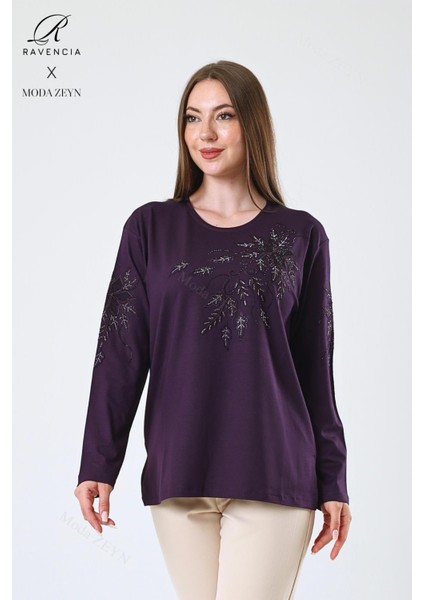 Kadın Orta Yaş ve Üzeri Viskon Çiçek Desen Taşlı Işlemeli Likralı Mürdüm Anne Penye Bluz