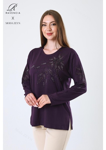 Kadın Orta Yaş ve Üzeri Viskon Çiçek Desen Taşlı Işlemeli Likralı Mürdüm Anne Penye Bluz fiyatları