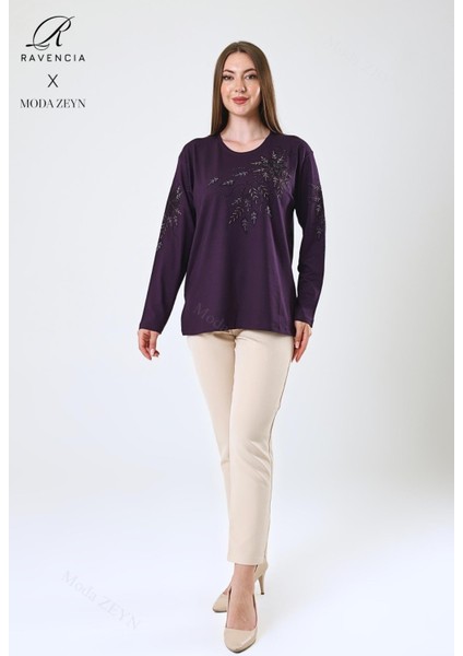 Kadın Orta Yaş ve Üzeri Viskon Çiçek Desen Taşlı Işlemeli Likralı Mürdüm Anne Penye Bluz modelleri