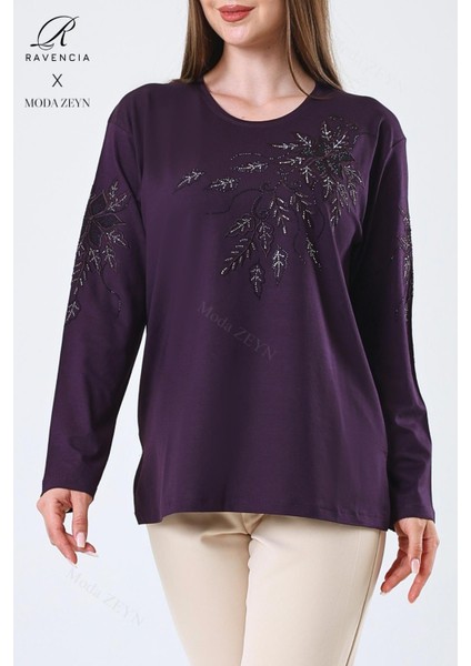 Kadın Orta Yaş ve Üzeri Viskon Çiçek Desen Taşlı Işlemeli Likralı Mürdüm Anne Penye Bluz fırsatları