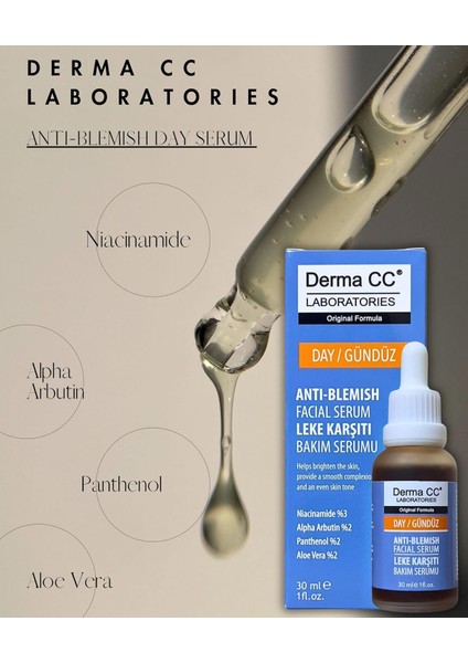 Derma cc Anti-Blemish Day Facial Serum, 30 ml, With Niacinamide, Alpha Arbutin, Panthenol And Aloe Vera fiyatları