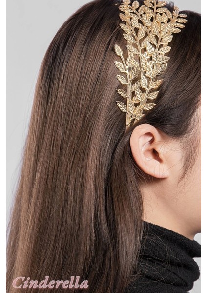 Avrupa Stil Barok Yapraklı Model Kadın Tacı Gold - Zarif ve Şık Taç Saç Bandı Aksesuarı