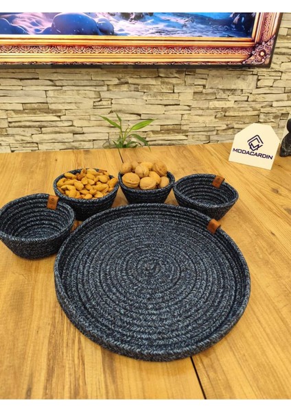 Hasır ve Jüt 5 Parça Sunum Çerez Takımı, Tepsili, Şık ve Doğal Görünüm