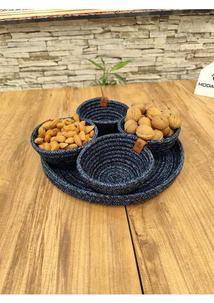 Hasır ve Jüt 5 Parça Sunum Çerez Takımı, Tepsili, Şık ve Doğal Görünüm