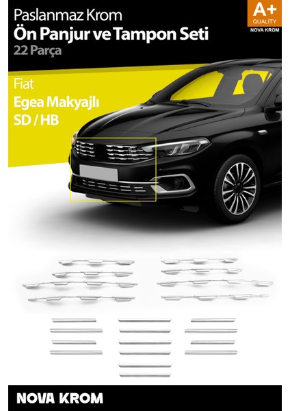 Fiat Egea Krom Ön Panjur ve Tampon Çıta Seti Diamond Model 22 Prç. 2020 Üzeri (Parlak Krom)