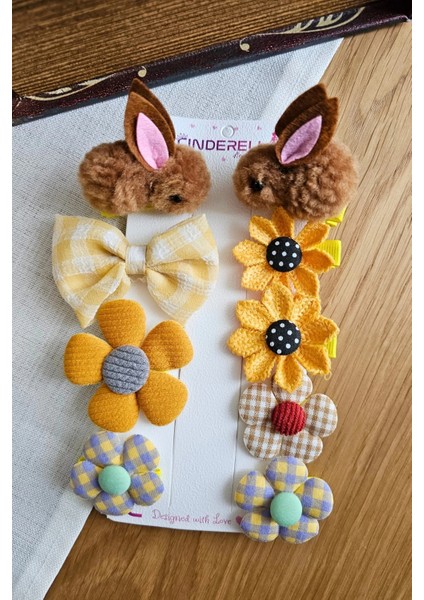 9'lu Kahverengi Tavşanlı Astarlı Kız Bebek Pens Toka Seti - Fiyonklu Çiçekli Kız Çocuk Saç Tokası