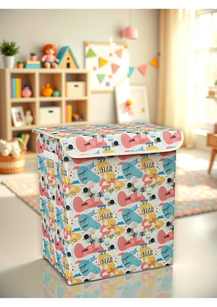 Renkli Büyük Boy Kapaklı Kirli Çamaşır ve Oyuncak Saklama Kutusu 40X50X30