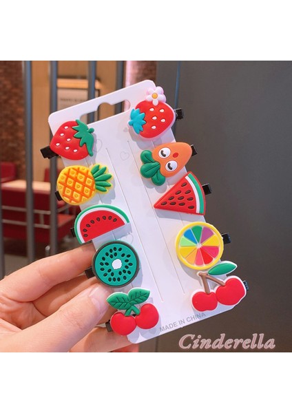 10'lu Meyve Figürlü Çilek Kiraz Ananas Havuç Limon Pens Toka Seti - Kız Çocuk Klips Saç Tokası