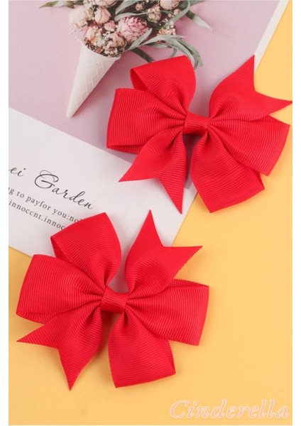 2'li Çocuk Saten Fiyonk Toka Seti Kırmızı - 23 Nisan Kurdele Fiyonklu Klips Pens Saç Tokası