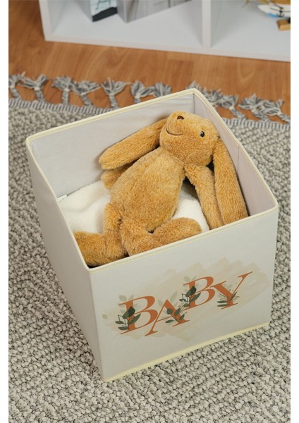 Yazılı Çocuk Odası Oyuncak Saklama Kutusu, 30X30X30, Bej