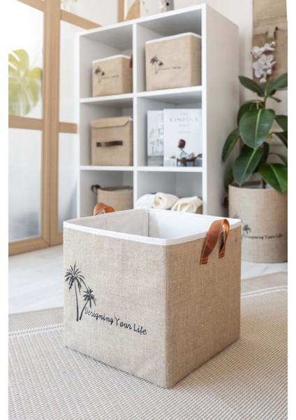 Bej Jüt Düzenleyici Kutusu 20X20X20 Cm, Takı, Makyaj, Banyo ve Ofis Organizatörü