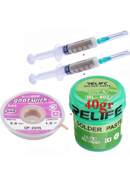 Relıfe RL-402 Krem Lehim Paste 183°C 40G ve Flux Lehim Toplama ve Cp 2015 Emme Teli Seti