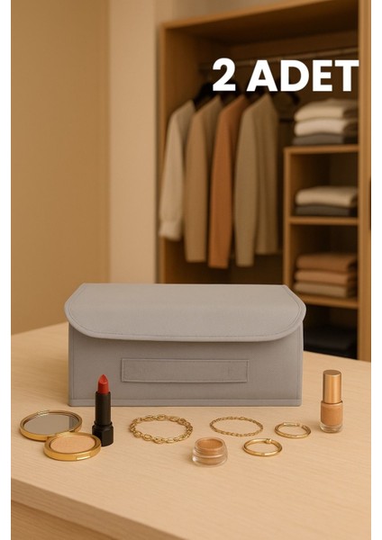 Gri Kapaklı Dolap Içi Takı ve Çamaşır Saklama Kutusu, 30X23X11 Cm, 2'li Set