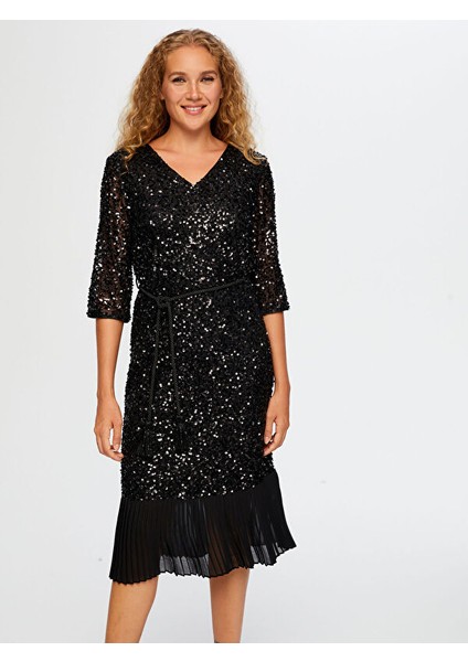 Eteği Piliseli Kuşak Detaylı V Yaka Payet Abiye Elbise W26ABY007