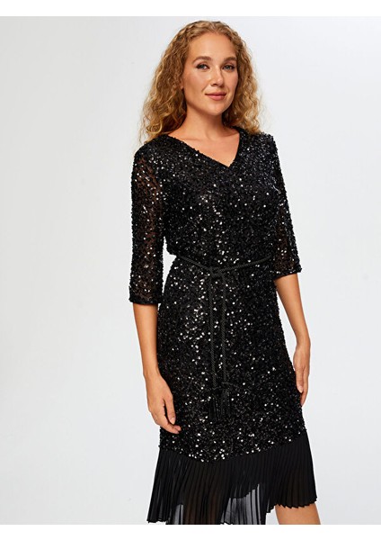 Eteği Piliseli Kuşak Detaylı V Yaka Payet Abiye Elbise W26ABY007 fiyatları