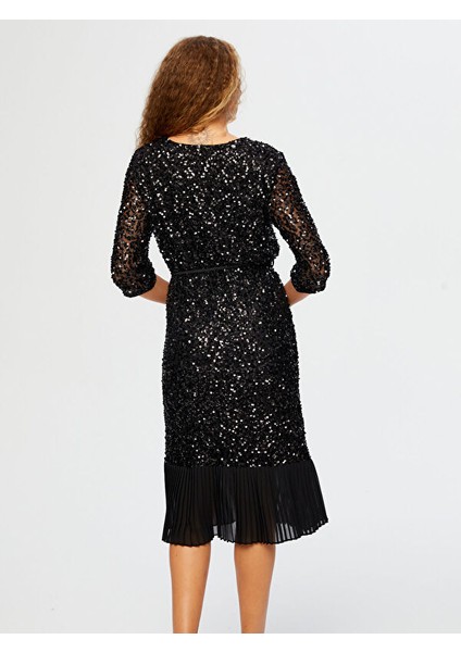 Eteği Piliseli Kuşak Detaylı V Yaka Payet Abiye Elbise W26ABY007 modelleri