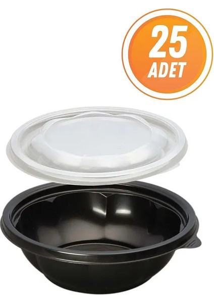 Plastik Yuvarlak Kase 1000 cc Yemek Kabı Şeffaf Kapaklı Mikrodalga Uyumlu 25 Adet