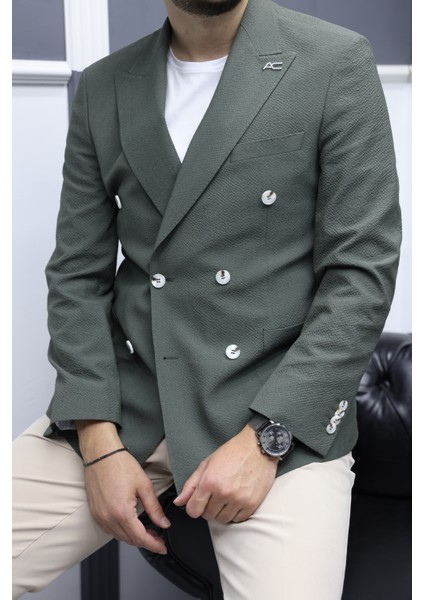 Verde Dokulu Gofre Kumaş Italyan Stil Slim Fit Kruvaze Erkek Ceket Haki fırsatları