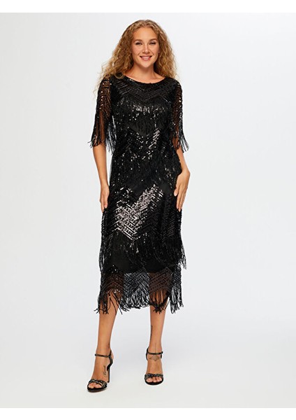 Saçaklı Payetli Uzun Abiye Elbise W26ABY003