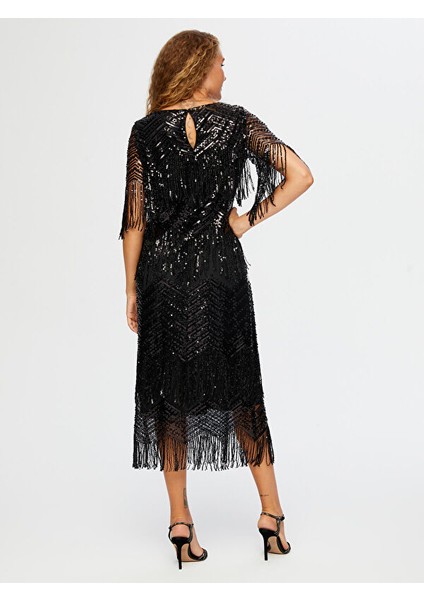 Saçaklı Payetli Uzun Abiye Elbise W26ABY003 fırsatları