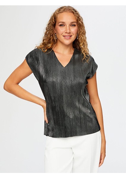 V Yaka Gümüş Baskılı Piliseli Abiye Bluz W26BLZ026 fiyatları