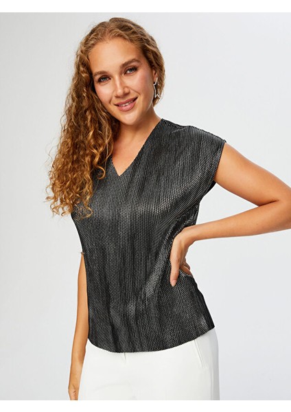 V Yaka Gümüş Baskılı Piliseli Abiye Bluz W26BLZ026 modelleri