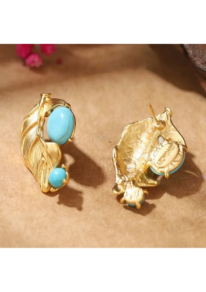 Vintage Boho Yaprak Tasarımı Turkuaz, 18K Altın Kaplama, Gümüş Çiviler